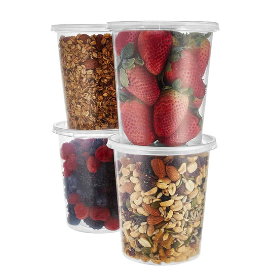 32oz deli container with lid, BPA-free plastic, airtight food storage, leak-proof meal prep container, microwave and freezer safe, stackable takeout container, reusable and durable.