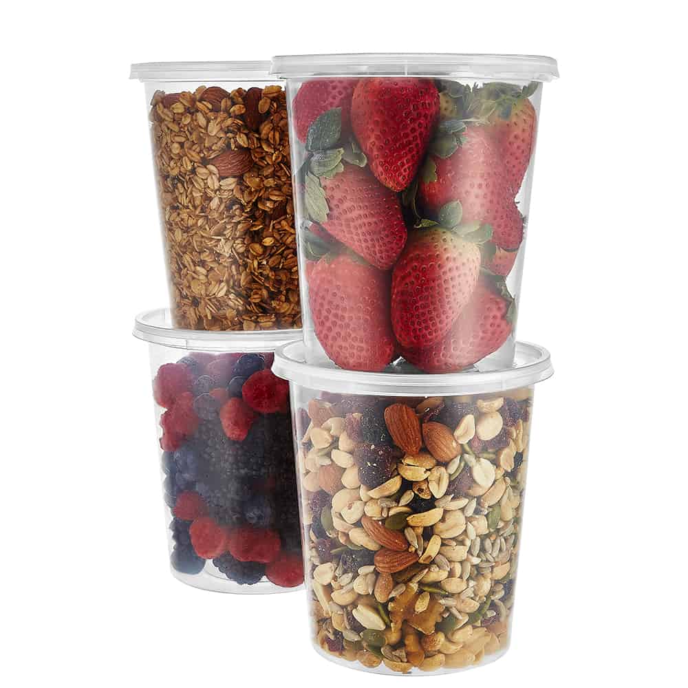 32oz round food container with lid. Leak-resistant, durable, and microwave-safe. Perfect for storing soups, salads, pasta, and leftovers. Great for home, restaurants, and catering use.