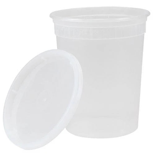 Plastic deli container with lid, available in 16oz & 32oz. BPA-free, leak-resistant, microwave-safe & stackable. Perfect for meal prep, takeout, food storage, soups, salads & catering needs.