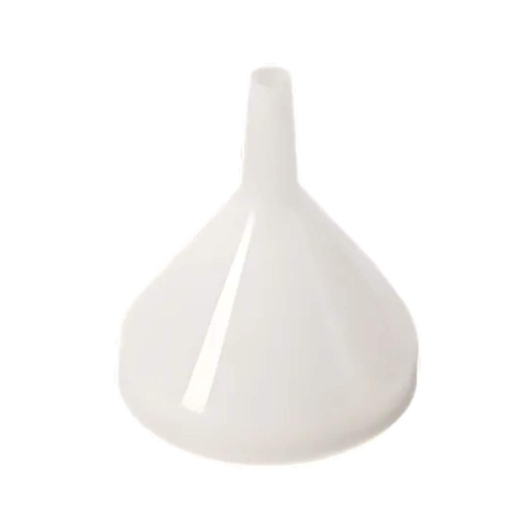 8oz medium-sized, white plastic funnel  stanton trading with a 4" diameter and a narrow spout for controlled pouring.