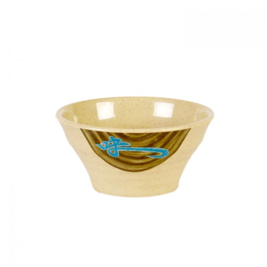 Thunder Group Deep Saucer 12/pcs is perfect for serving dips and various sauces that accompany an oriental-themed meal. This 8 Oz deep saucer looks like ceramics, but it is made of durable and affordable melamine. Melamine allows the saucer to endure the heavy commercial use. The dish won't chip, break, or stain. The WEI collection has a distinctive presentation. All Asian WEI tableware has a spotted marble-like beige color and a blue hieroglyphic pattern on a dark brown background. 