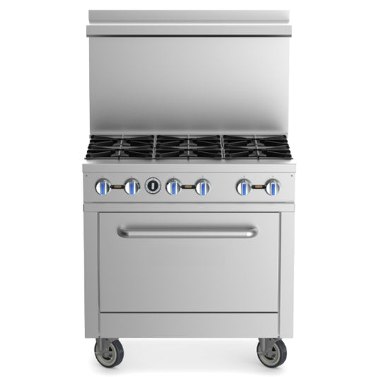 Cookline ENR6B36L commercial gas range with 6 burners and oven, 36-inch wide, designed for heavy-duty kitchen use, powered by liquid propane for efficient cooking performance.