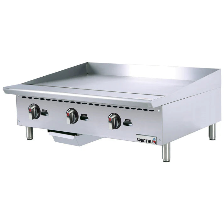 (24", 36", 48") Griddle 1/Pack equipped with precision-engineered, manually-controlled valves. It has a polished steel cook plate and full length, wide front rail for keeping spillage to a minimum. The Spectrum Gas Griddle includes an LP conversion kit, and is ETL certified for safety and sanitation.