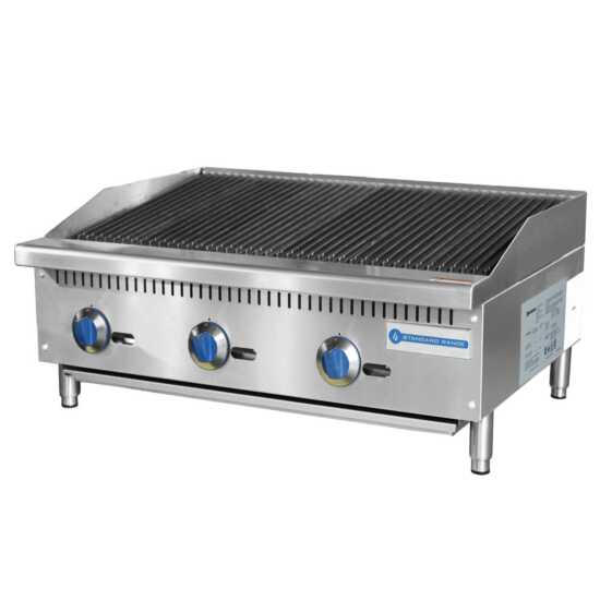 Standard Range SR-CB36-M 36" gas countertop radiant charbroiler with 105,000 BTUs, perfect for high-volume grilling in commercial kitchens, providing efficient cooking for meats and vegetables.