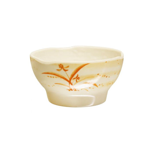 The Thunder Group Wavy Rice Bowl features a stone-colored design with elegant orchid accents, adding Asian flair to your table. Made from durable melamine, it is BPA-free, break-resistant, shatter-resistant, lightweight, and stackable for easy storage. Dishwasher safe and NSF listed for safety, this versatile bowl is perfect for serving rice, noodles, or side dishes at restaurants, catered events, or home use.