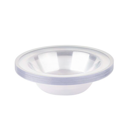Elegant 12oz clear plastic bowl with a silver rim, ideal for serving soups, salads, or desserts. Durable and stylish, this bowl adds a touch of sophistication to any table setting, perfect for both casual and formal occasions, and easy to dispose of after use.