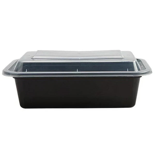 38oz deep rectangular food container with lid, black and white, BPA-free, microwave-safe, freezer-friendly, leak-proof, meal prep, takeout, catering, food storage, reusable, stackable.