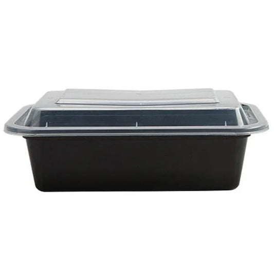 38oz deep rectangular food container with lid, black and white, BPA-free, microwave-safe, freezer-friendly, leak-proof, meal prep, takeout, catering, food storage, reusable, stackable.
