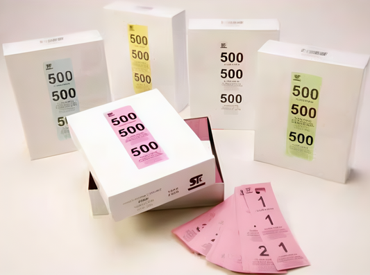 Stanton Trading coat room check triplicate tickets, made from durable cardboard, ideal for organizing and tracking coat check items. Available in assorted colors—beige, blue, green, orange, pink, white, and yellow. Each case includes 50 boxes for efficient inventory management.