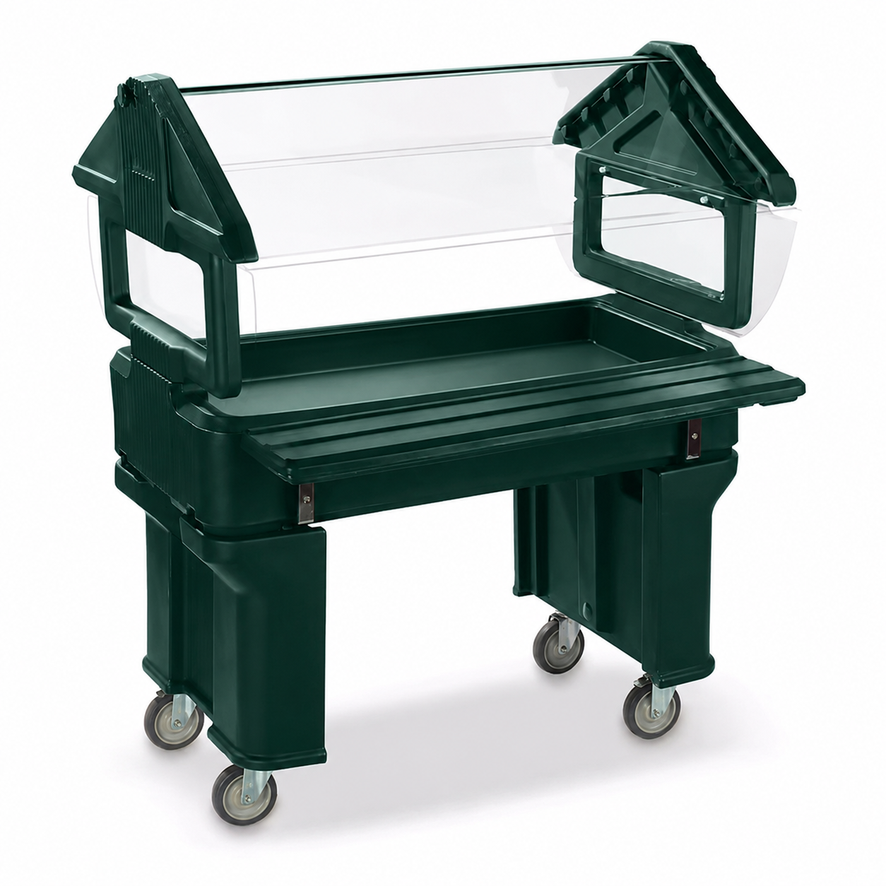 Serve chilled foods with the 4 x 2 x 4.2 Foot Forest Green Six Star Portable Food Bar 660508. Features insulated polyethylene construction, an acrylic sneeze guard, swivel casters and capacity for 6 inch deep food pans.