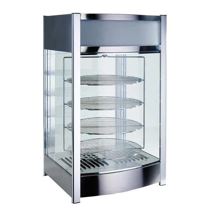 Electric Display Merchandiser 1/Pack maintain a consistent temperature and humidity around the foods ensuring pizza stays at the ideal serving temperature and moisture. The racks rotate to ensure even heating. Has a black powder-coated exterior and stainless steel interior. Clear view tempered glass on all sides ensure an appetizing appearance from any angle. A rear door quickly opens and closes minimizing temperature fluctuations. LED lights illuminate the interior ensuring high visibility. Removable crumb