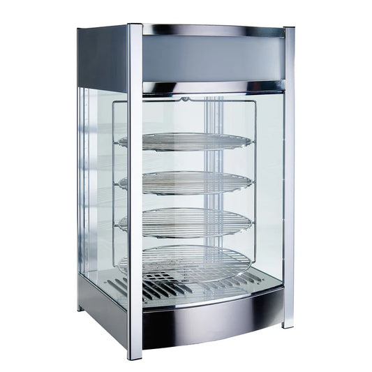 Electric Display Merchandiser 1/Pack maintain a consistent temperature and humidity around the foods ensuring pizza stays at the ideal serving temperature and moisture. The racks rotate to ensure even heating. Has a black powder-coated exterior and stainless steel interior. Clear view tempered glass on all sides ensure an appetizing appearance from any angle. A rear door quickly opens and closes minimizing temperature fluctuations. LED lights illuminate the interior ensuring high visibility. Removable crumb