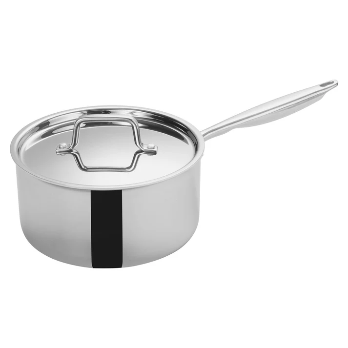 (1.5qt 6/Pack, 2.5qt 6/Pack, 3.5qt 4/Pack, 4.5qt 4/Pack, 7qt 2/Pack) Sauce Pan features a tri-ply construction consisting of a magnetic stainless steel exterior, an aluminum core, and an 18/8 stainless steel interior cooking surface. This sauce pan comes with a tight-fitting lid that traps in moisture and helps maintain consistent temperatures. Use it in your commercial kitchen to cook vegetables, sauce, stew and more.