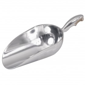 5 oz. aluminum scoop stanton trading with a round bowl and a contoured handle, designed for easy grip and precise portioning of dry ingredients or ice.