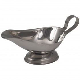 5 oz. stainless steel gravy boat stanton trading featuring a welded handle and foot for durability and stability. The polished stainless steel finish provides an elegant and professional look, making it ideal for serving gravies, sauces, and dressings in both casual and fine dining settings. Its spouted design ensures smooth pouring with minimal mess.