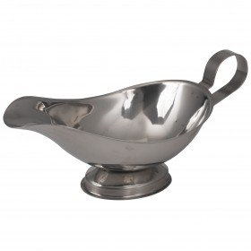8 oz. stainless steel gravy boat stanton trading featuring a welded handle and foot for durability and stability. The polished stainless steel finish provides an elegant and professional look, making it ideal for serving gravies, sauces, and dressings in both casual and fine dining settings. Its spouted design ensures smooth pouring with minimal mess.