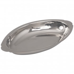 12 oz. oval au gratin dish stanton trading measuring 8" in length, made of stainless steel with a mirror finish. Perfect for baking and serving individual portions with a sleek and professional presentation.