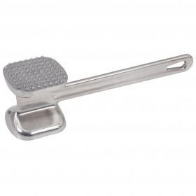 10-3/4 inches long aluminum steak tenderizer stanton trading, featuring a flat fine head with textured surface for tenderizing meat, and a dual-sided design with a smooth pounding side. The handle includes a hanging hole for convenient storage
