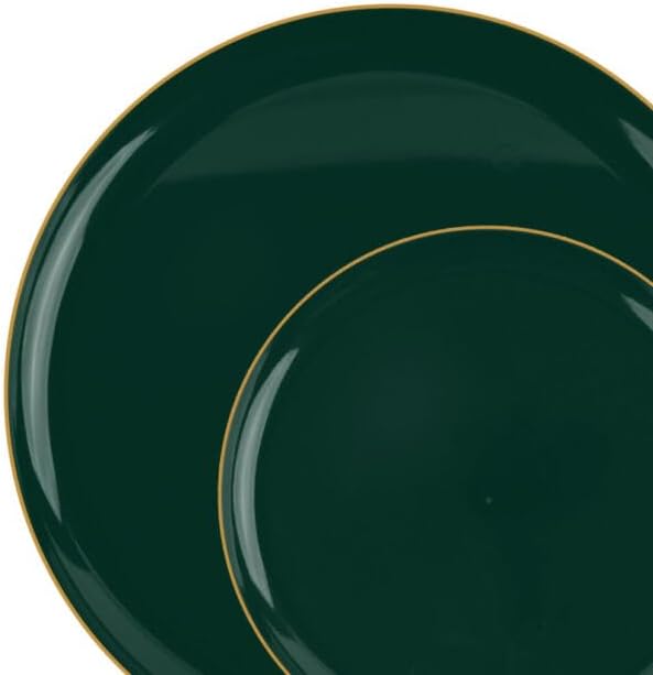 Elegant 8" salad and 10" dinner emerald green plastic plates with a stunning gold rim. Perfect for weddings, parties, and special events, these durable and stylish disposable plates add a touch of luxury to any table setting while offering convenience and sophistication.