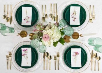 Elegant 8" salad and 10" dinner emerald green plastic plates with a stunning gold rim. Perfect for weddings, parties, and special events, these durable and stylish disposable plates add a touch of luxury to any table setting while offering convenience and sophistication.