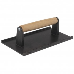Cast iron steak weight stanton trading, measuring 4-3/8 inches by 8-3/4 inches, with a waffle-patterned bottom for even heat distribution and a sturdy hardwood handle for a comfortable grip.