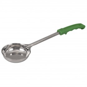 4 oz. portioner stanton trading with a solid stainless steel scoop and a green handle, designed for precise serving and portion control.