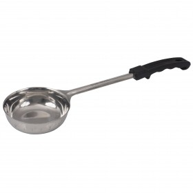 6 oz. portioner stanton trading with a solid stainless steel scoop and a black handle, designed for precise serving and portion control.