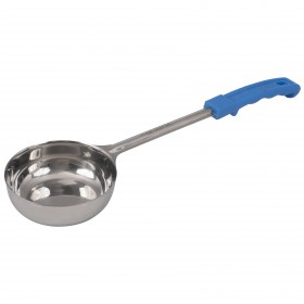 8 oz. portioner stanton trading with a solid stainless steel scoop and a blue handle, designed for precise serving and portion control.