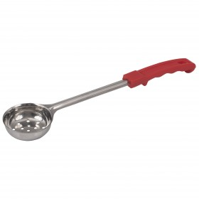 2 oz. perforated portioner stanton trading with a stainless steel scoop and a red ergonomic handle, designed for precise serving and draining of liquids.
