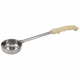 3 oz. perforated portioner stanton trading with a stainless steel scoop and a ivory ergonomic handle, designed for precise serving and draining of liquids.