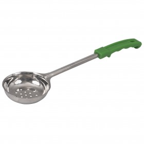 4 oz. perforated portioner stanton trading with a stainless steel scoop and a green ergonomic handle, designed for precise serving and draining of liquids.