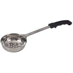 6 oz. perforated portioner stanton trading with a stainless steel scoop and a black ergonomic handle, designed for precise serving and draining of liquids.