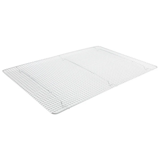 Pan Grate for Sheet Pan 12/Pack Featuring a grid pattern, this pan grate facilitates fast drainage and allows proper air circulation while its built-in feet offer excellent support. For outstanding durability, this pan grate is made from chrome-plated wire that withstands high temperatures without warping. This grate is designed to fit in a full-size sheet pan and provides plenty of finger room at the corners for convenient removal.