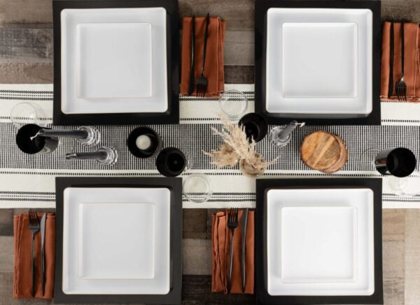 7.75" inch disposable china party tableware dinner plate plastic square salad plate wedding baby shower catering supplies charger plates transparent white large reusable gold bulk birthday gathering dessert appetizer plates 7.75 inch gold design