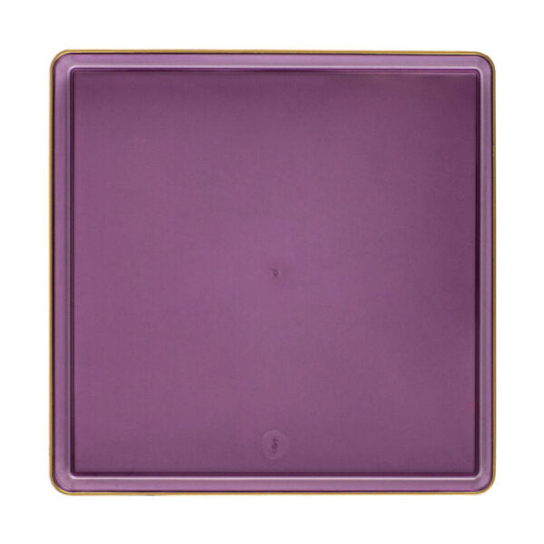 10.75" inch disposable china party tableware dinner plate plastic square salad plate wedding baby shower catering supplies charger plates purple large reusable gold bulk birthday gathering  dessert appetizer plates 10.75 inch gold design