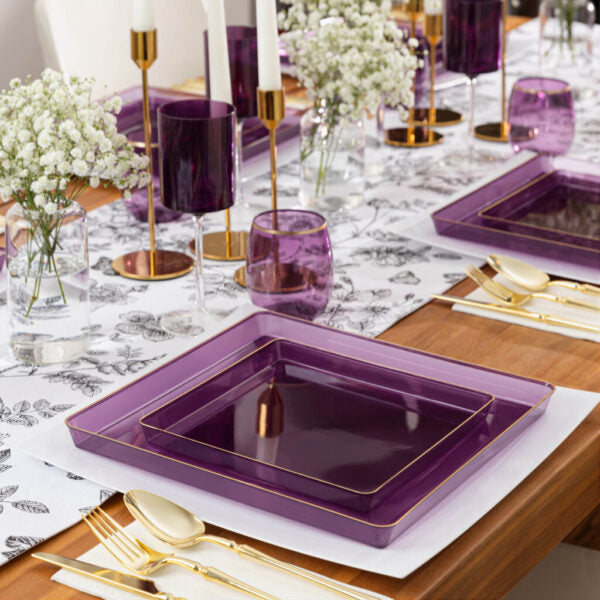 10.75" inch disposable china party tableware dinner plate plastic square salad plate wedding baby shower catering supplies charger plates purple large reusable gold bulk birthday gathering dessert appetizer plates 10.75 inch gold design