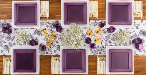 5" Inch disposable party tableware dinner plate plastic square salad plate wedding baby shower catering supplies charger plates transparent purple large reusable gold bulk birthday gathering dessert appetizer plates 5 inch gold design