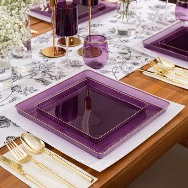 10.75" inch disposable china party tableware dinner plate plastic square salad plate wedding baby shower catering supplies charger plates purple large reusable gold bulk birthday gathering dessert appetizer plates 10.75 inch gold design