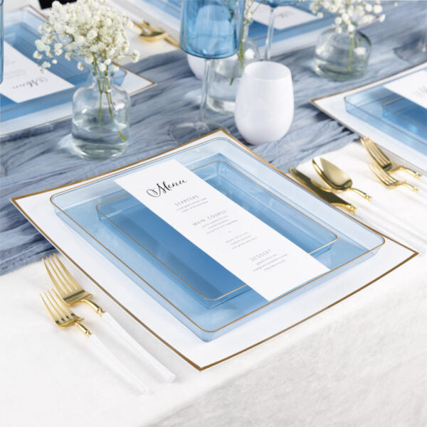 10.75" inch disposable china party tableware dinner plate plastic square salad plate wedding baby shower catering supplies charger plates blue reusable gold bulk birthday gathering dessert appetizer plates 10.75 inch gold design