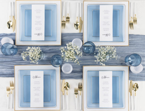 10.75" inch disposable china party tableware dinner plate plastic square salad plate wedding baby shower catering supplies charger plates blue reusable gold bulk birthday gathering dessert appetizer plates 10.75 inch gold design