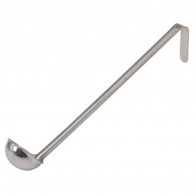 1 oz. stainless steel ladle stanton trading, crafted from a single piece for durability, featuring a long handle with a hooked end for easy hanging and storage.