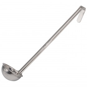 2 oz. stainless steel ladle stanton trading, crafted from a single piece for durability, featuring a long handle with a hooked end for easy hanging and storage.