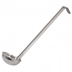 3 oz. stainless steel ladle stanton trading, crafted from a single piece for durability, featuring a long handle with a hooked end for easy hanging and storage.
