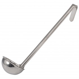 6 oz. stainless steel ladle stanton trading, crafted from a single piece for durability, featuring a long handle with a hooked end for easy hanging and storage.