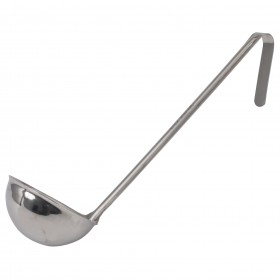8 oz. stainless steel ladle stanton trading, crafted from a single piece for durability, featuring a long handle with a hooked end for easy hanging and storage.
