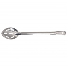 11-inch slotted basting spoon stanton trading made of stainless steel, featuring a non-insulated handle with a hanging hole for easy storage and efficient liquid drainage