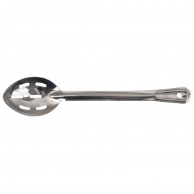 15-inch slotted basting spoon stanton trading made of stainless steel, featuring a non-insulated handle with a hanging hole for easy storage and efficient liquid drainage