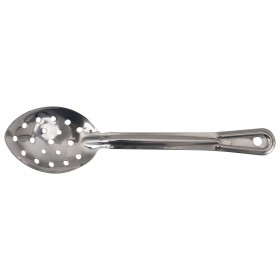 11-inch perforated basting spoon stanton trading made of stainless steel, featuring a non-insulated handle with a hanging hole for easy storage and efficient straining of liquids.