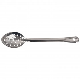 13-inch perforated basting spoon stanton trading made of stainless steel, featuring a non-insulated handle with a hanging hole for easy storage and efficient straining of liquids.