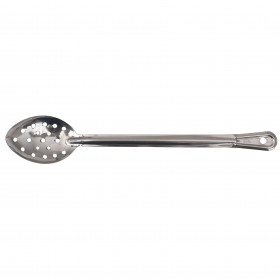 15-inch perforated basting spoon stanton trading made of stainless steel, featuring a non-insulated handle with a hanging hole for easy storage and efficient straining of liquids.